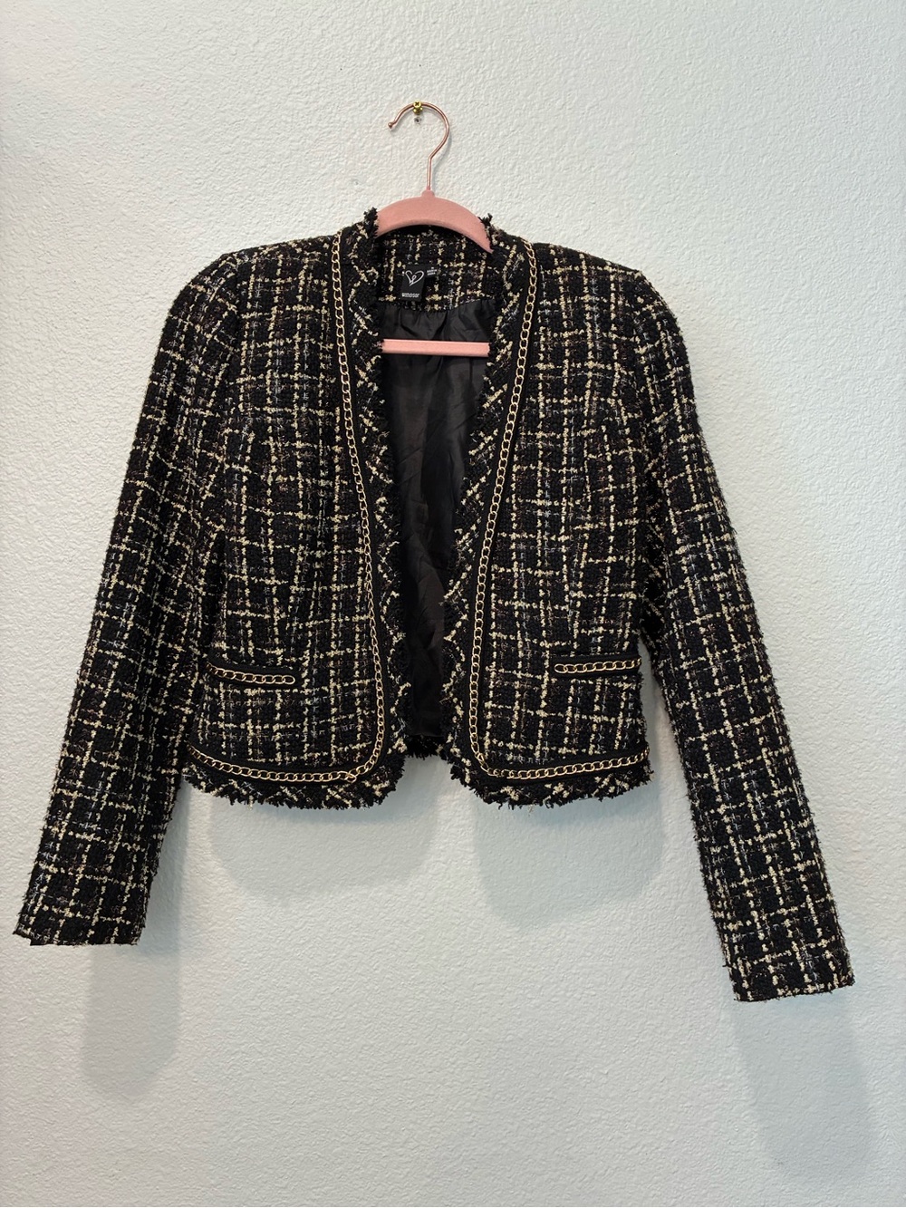 Black &  Gold Tweed Cropped Jacket - Classic Fringe Trim size Small